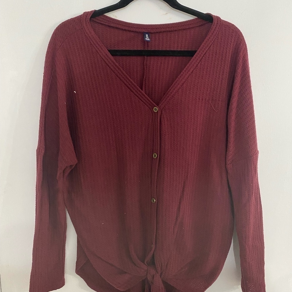 19 Women's Waffle Knit Tunic Blouse Tie Knot Henley Tops Loose Fitting Bat Wing